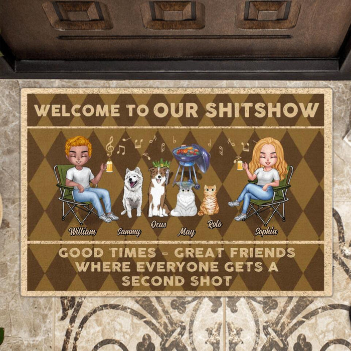 Personalized Couple With Pet Doormat - Couple With Up to 4 Pets - Gift Idea For Couple/Dog/Cat/Camping Lover - Welcome To Our Shitshow