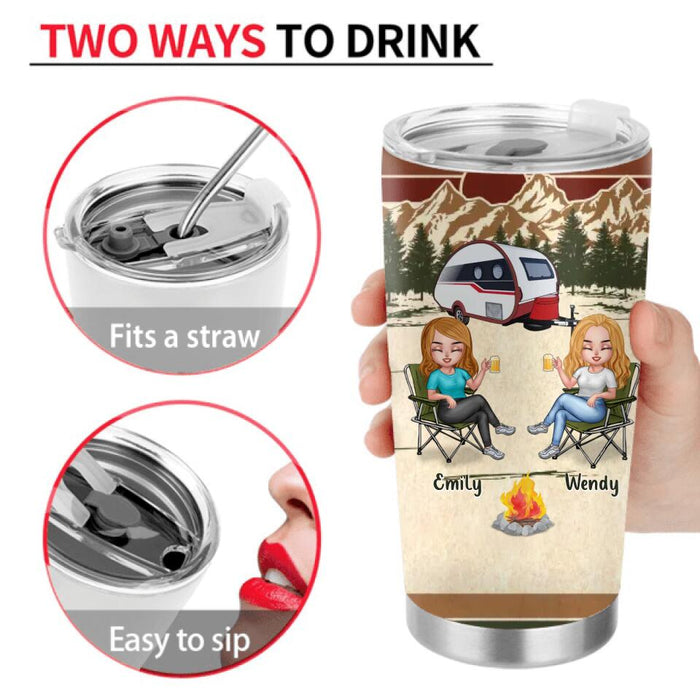 Personalized Camping Friends Tumbler - Up to 7 Friends - Gift Idea For Friends/Besties/Camping Lovers - Warning The Girls Are Camping & Boozinging Again