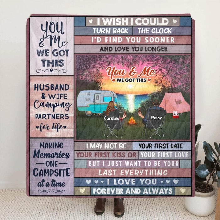 Personalized Camping Couple Fleece Throw Blanket/Quilt - Gift Idea From Couple/Camping Lover - Couple With Up to 3 Pets - You & Me We Got This