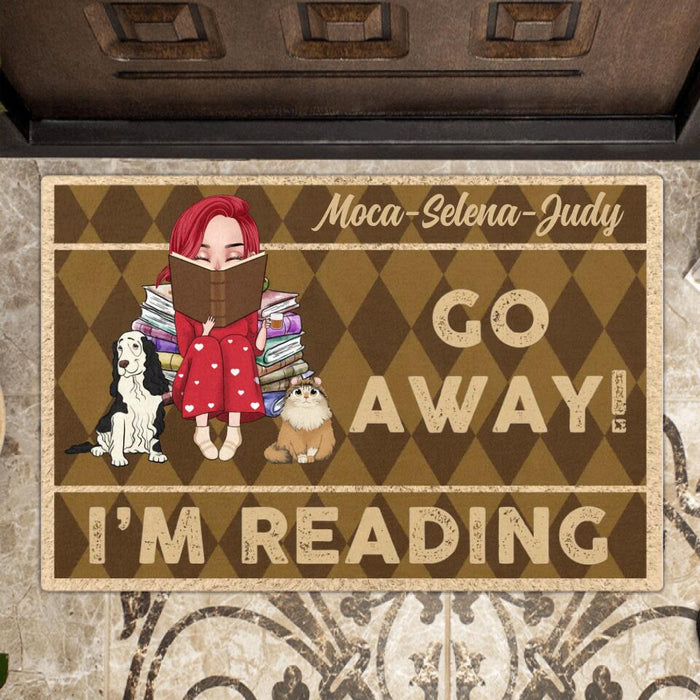 Personalized Reading Girl Doormat - Girl With Up to 2 Pets - Gift Idea For Dog/Cat/Book Lover - Go Away I'm Reading