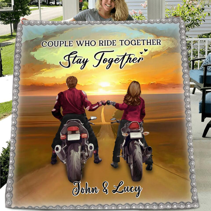 Personalized Biker Fleece Throw Blanket/Quilt - Wedding Anniversary Gift Idea For Couple/Parents - Couple Who Ride Together Stay Together