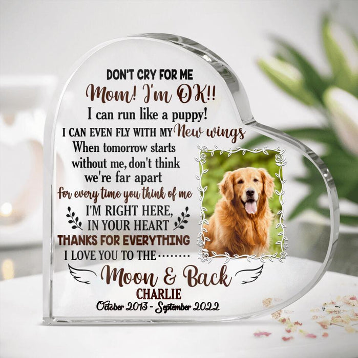 Custom Dog/ Cat Photo Acrylic Plaque - Memorial Gift Idea For Dog Lover/Cat Lover - Don't Cry For Me Mom! I'm Ok!!