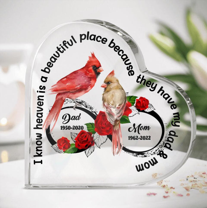 Personalized Cardinal Acrylic Plaque - Gift Idea For Loss of Parents - I Know Heaven Is A Beautiful Place