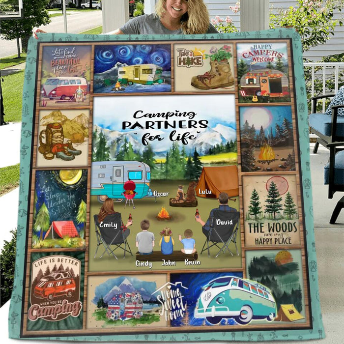 Personalized Camping Fleece Blanket/Quilt - Gift Idea For Family/Couple/Camping Lover - Couple/Adult With Up to 3 Kids And 4 Pets - Camping Partners For Life