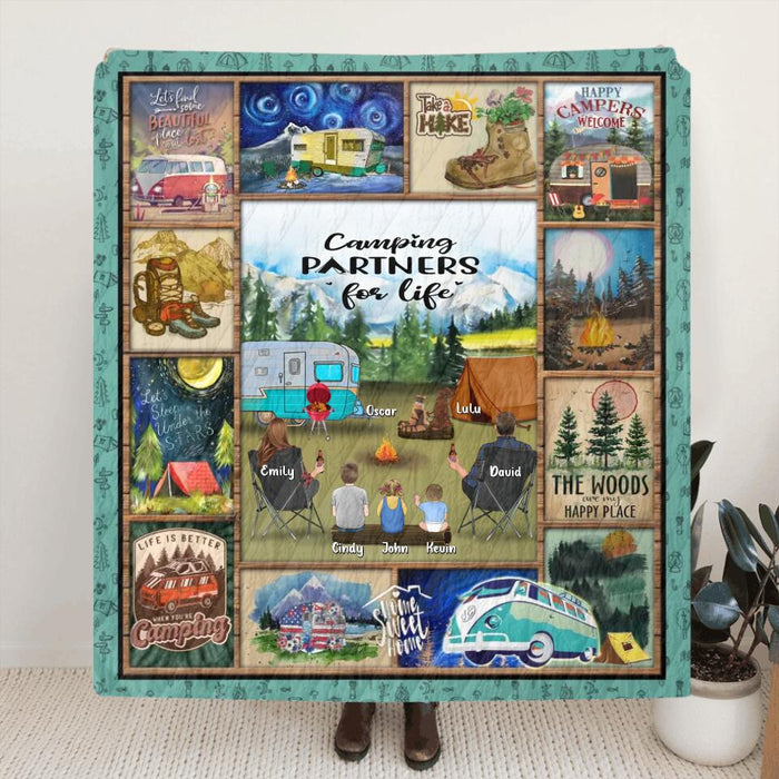 Personalized Camping Fleece Blanket/Quilt - Gift Idea For Family/Couple/Camping Lover - Couple/Adult With Up to 3 Kids And 4 Pets - Camping Partners For Life