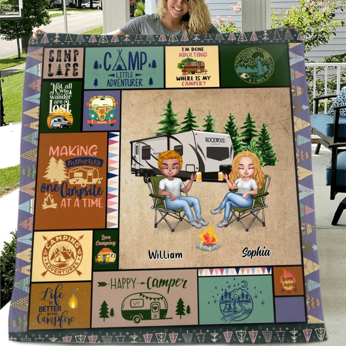 Personalized Camping Fleece Blanket/Quilt - Gift Idea For Couple/Camping Lover - Couple With Up to 4 Dogs/Cats