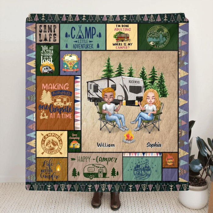 Personalized Camping Fleece Blanket/Quilt - Gift Idea For Couple/Camping Lover - Couple With Up to 4 Dogs/Cats