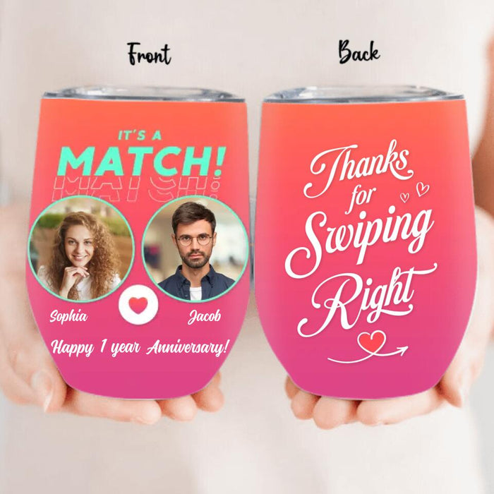 Personalized Couple Wine Tumbler - Anniversary Gift/Valentine's Day Gifts For Couple - Thanks For Swiping Right