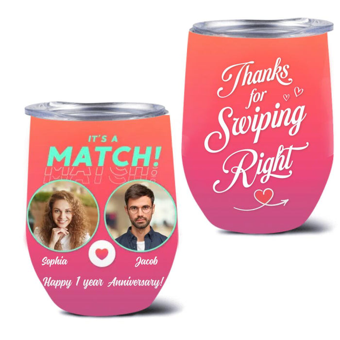 Personalized Couple Wine Tumbler - Anniversary Gift/Valentine's Day Gifts For Couple - Thanks For Swiping Right