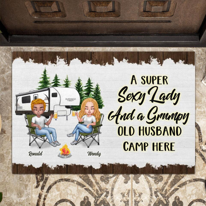 Personalized Camping Doormat - Gift Idea For Camping Lover/Friends/Couple - Up to 5 People - A Super Sexy Lady And A Grumpy Old Husband Camp Here