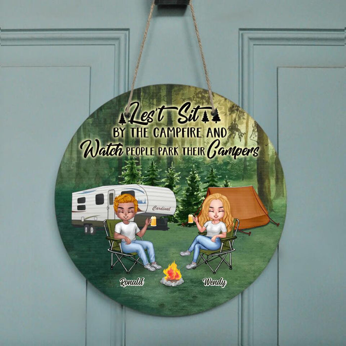 Personalized Camping Circle Wooden Sign - Gift Idea For Camping Lover/Friends/Couple - Up to 5 People - Let's Sit By The Campfire & Watch People Park Their Campers