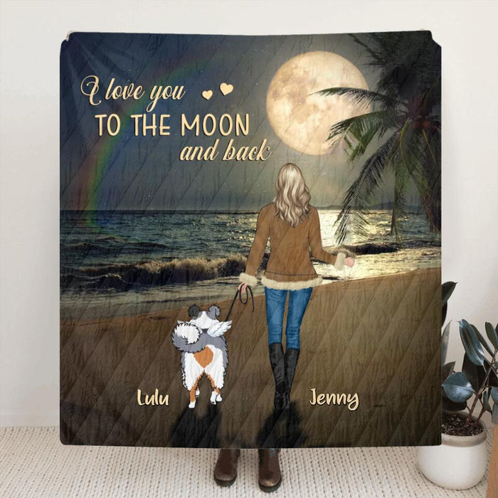 Personalized Dog Mom Fleece Throw Blanket/Quilt - I Love You To The Moon and Back - Memorial Gift For Dog Owner/ Dog Lover