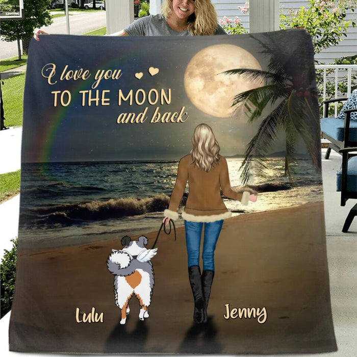 Personalized Dog Mom Fleece Throw Blanket/Quilt - I Love You To The Moon and Back - Memorial Gift For Dog Owner/ Dog Lover