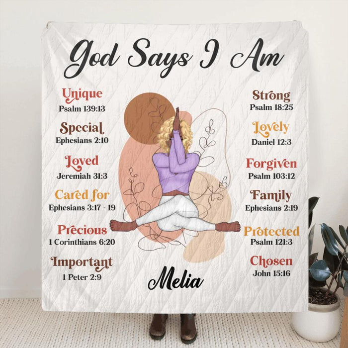 Personalized Yoga Girl Fleece Throw Blanket/Quilt/Pillow Cover - Gift Idea For Yoga Lovers - God Says I am