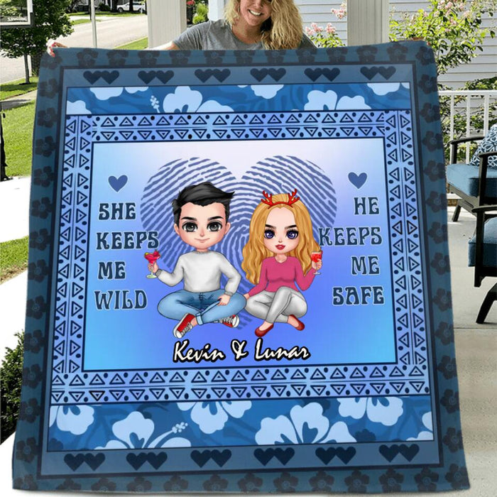 Personalized Couple Fleece Throw Blanket/Quilt - Anniversary Gift Idea For Couple - He Keeps Me Safe She Keeps Me Wild
