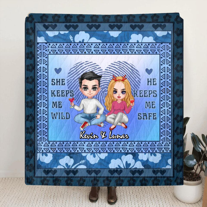 Personalized Couple Fleece Throw Blanket/Quilt - Anniversary Gift Idea For Couple - He Keeps Me Safe She Keeps Me Wild