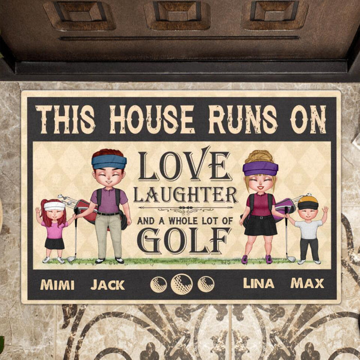 Personalized Golf Doormat - Couple/Parents With Up to 2 Kids - Gift Idea For Family/Golf Lovers - This House Runs On Love Laughter And A Whole Lot Of Golf