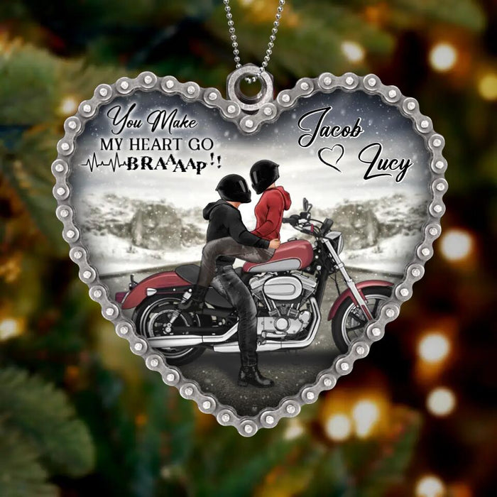 Personalized Riding Couple Acrylic Ornament - Gift Idea For Couple/Motorbike Lovers - You Make My Heart Go Braaap!