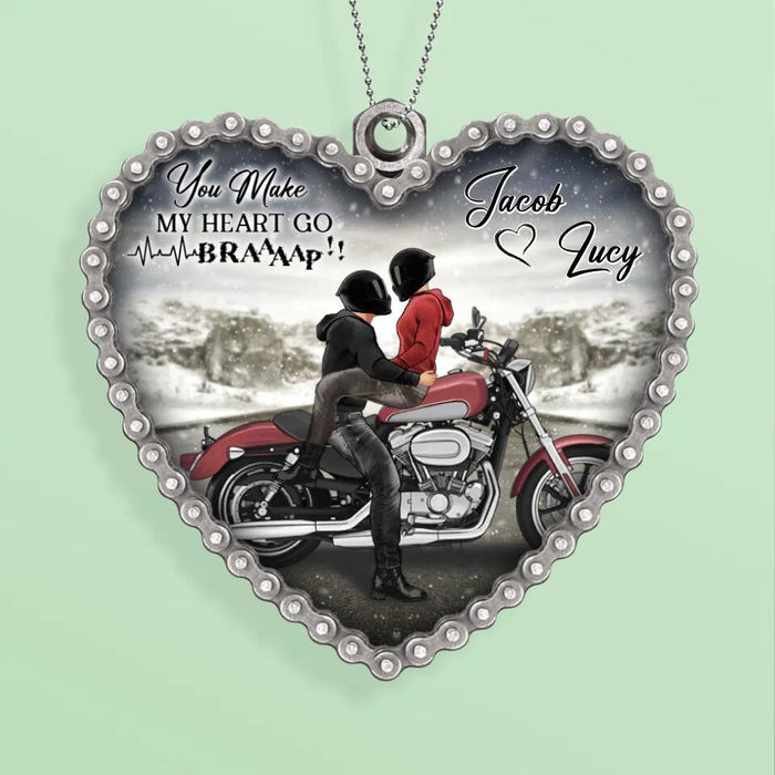 Personalized Riding Couple Acrylic Ornament - Gift Idea For Couple/Motorbike Lovers - You Make My Heart Go Braaap!