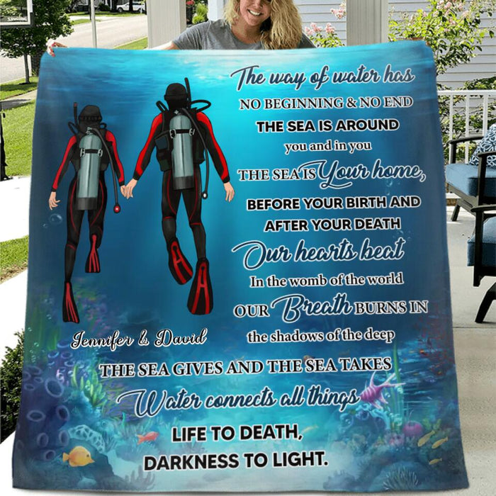 Personalized Diving Fleece Throw Blanket/Quilt - Gift Idea For Couple/Diving Lover - The Way Of Water Has No Beginning And No End