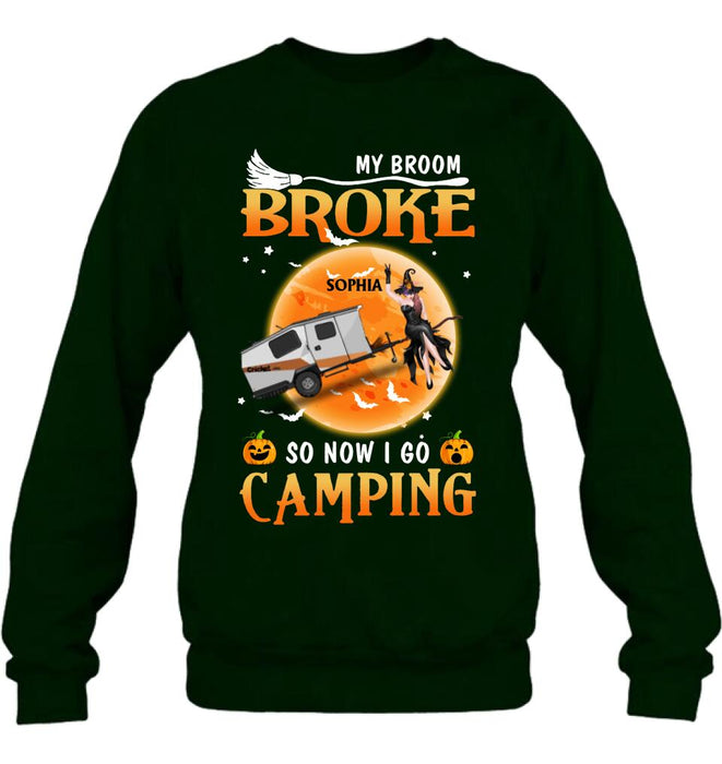 Personalized Camping Witch T-Shirt/Hoodie/Long Sleeve/Sweatshirt - Gift Idea For Halloween/Birthday - My broom broke so now I go camping