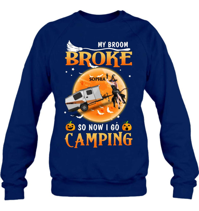 Personalized Camping Witch T-Shirt/Hoodie/Long Sleeve/Sweatshirt - Gift Idea For Halloween/Birthday - My broom broke so now I go camping