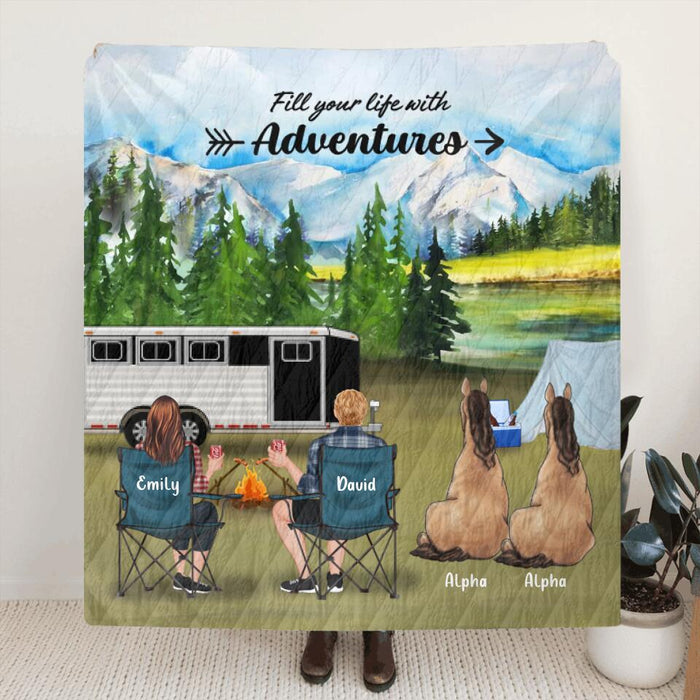 Personalized Camping With Horses Quilt/Fleece Blanket - Couple/Adult With Up to 2 Horses - Best Gift For Camping Lover, Horse Lovers