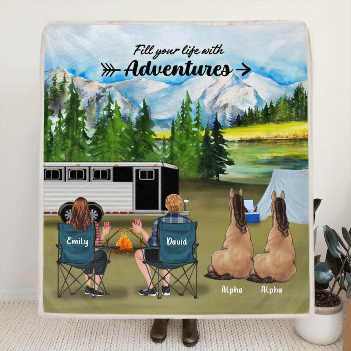 Personalized Camping With Horses Quilt/Fleece Blanket - Couple/Adult With Up to 2 Horses - Best Gift For Camping Lover, Horse Lovers