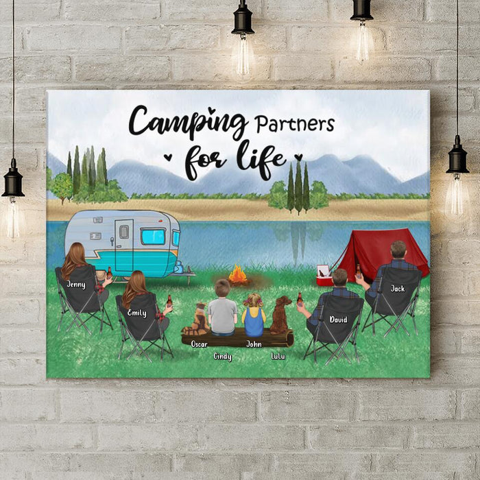 Personalized Camping Canvas - Best Gift For Family/Camping Lovers - 2 Couples With 2 Children And 2 Pets - Camping Partners For Life