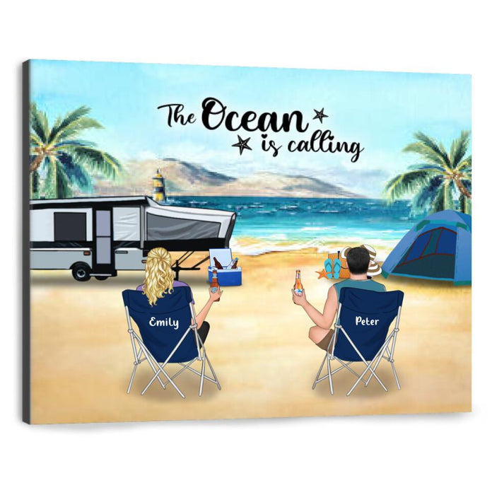 Personalized Beach Camping Canvas - Couple/Parents with up to 4 Kids and 2 Pets - Gift For Father's Day from Wife to Husband - The Ocean Is Calling - 1CTOH9