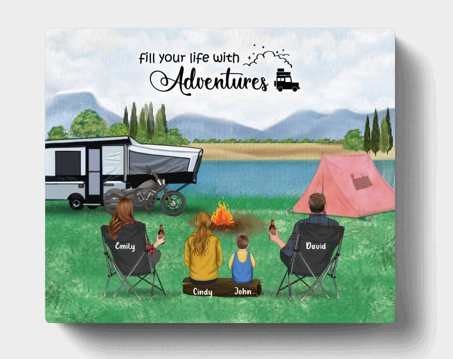 Personalized Camping Canvas - Parents with 2 Kids and up to 4 Pets - Father's Day Gift from Wife to Husband - Fill your life with adventures