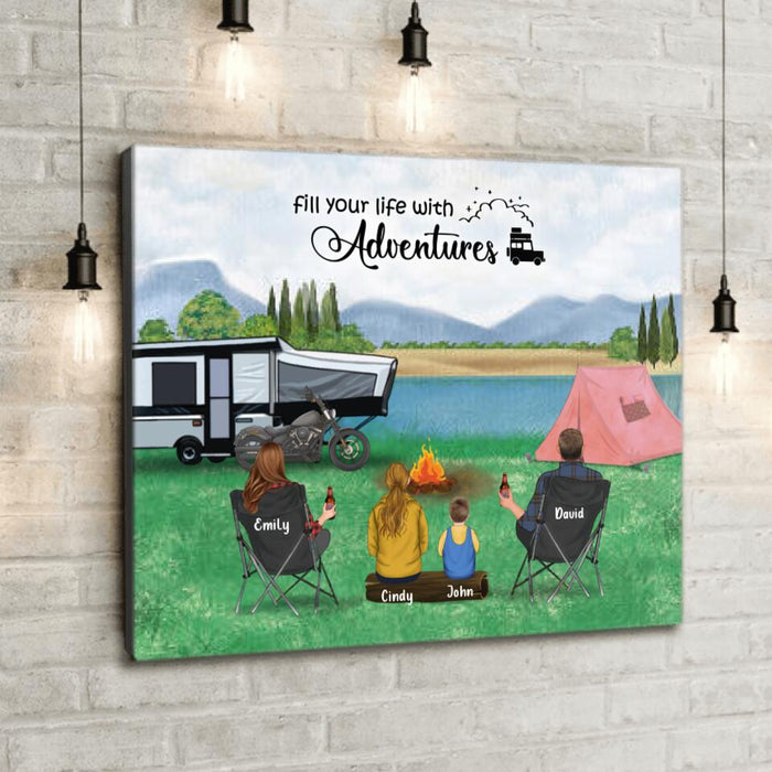 Personalized Camping Canvas - Parents with 2 Kids and up to 4 Pets - Father's Day Gift from Wife to Husband - Fill your life with adventures