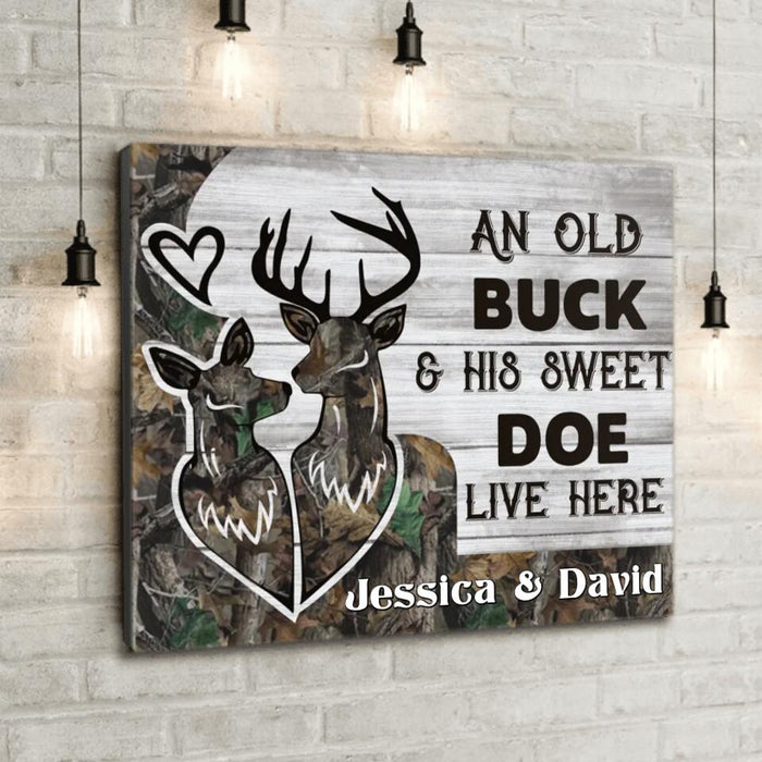 Personalized Hunting Canvas - Gift For Couple, Husband and Wife - Deer Hunting Canvas - An old buck & his sweet doe live here