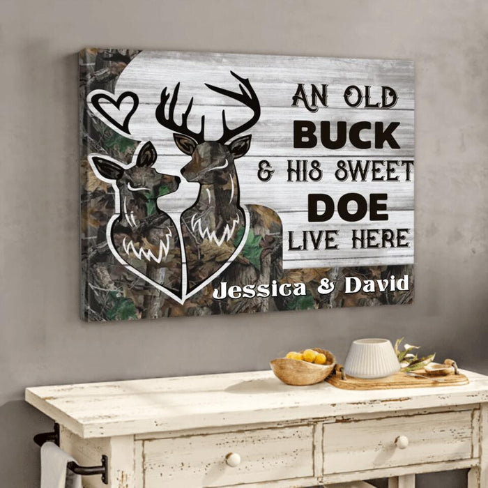 Personalized Hunting Canvas - Gift For Couple, Husband and Wife - Deer Hunting Canvas - An old buck & his sweet doe live here