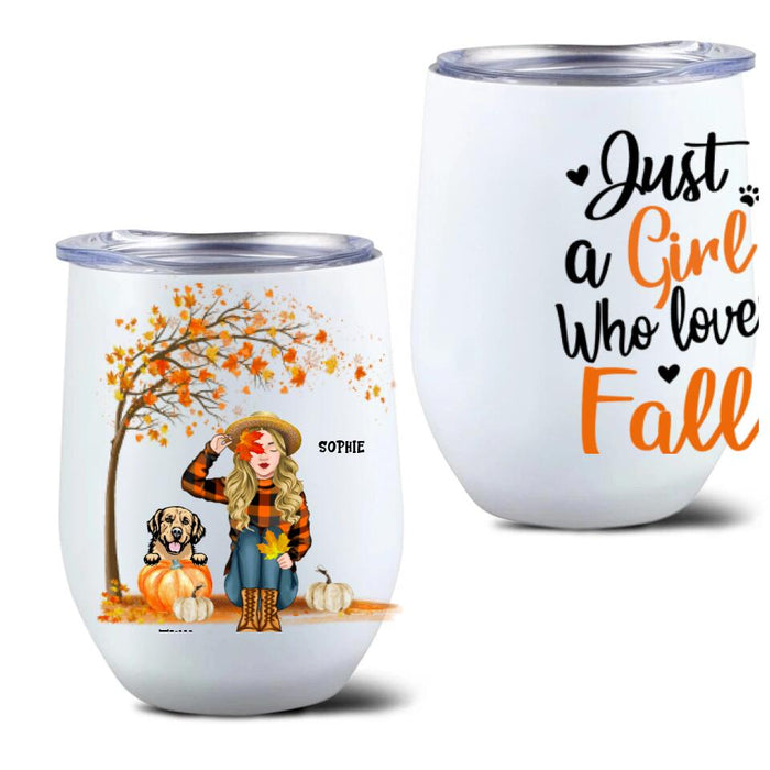 Personalized Fall Dog Mom Wine Tumbler - Up to 4 Pets - Best Gift For Dog Lovers - Just A Girl Who Loves Fall - MTJKZW