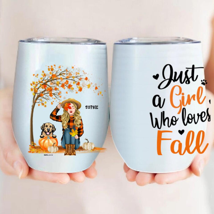 Personalized Fall Dog Mom Wine Tumbler - Up to 4 Pets - Best Gift For Dog Lovers - Just A Girl Who Loves Fall - MTJKZW