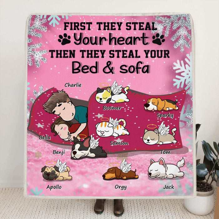 Personalized Couple With Pet Quilt/Fleece Blanket - Couple With Up to 8 Pets - Best Gift For Dog/Cat Lover - First They Steal Your Heart Then They Steal Your Bed And Sofa