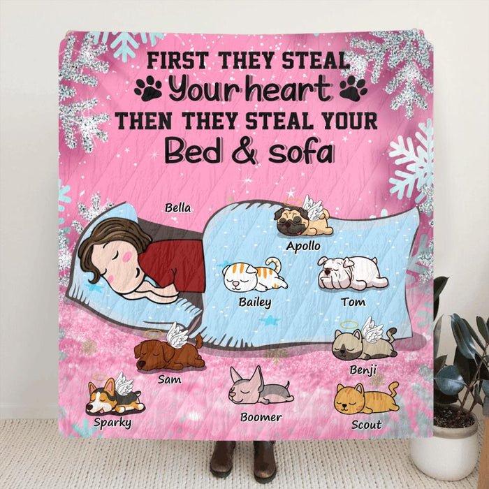 Personalized Sleeping Pet Mom Quilt/Fleece Blanket - Gift for Dog Mom, Cat Mom - Up to 8 Pets