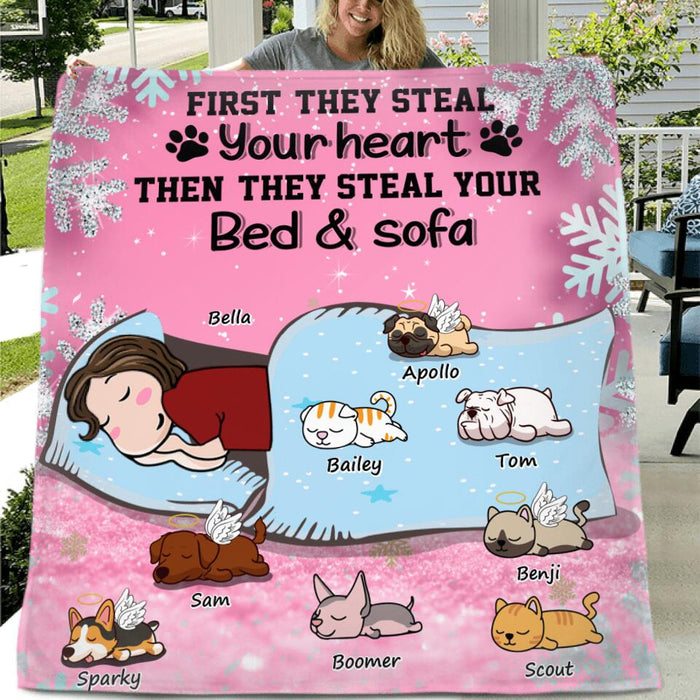 Personalized Sleeping Pet Mom Quilt/Fleece Blanket - Gift for Dog Mom, Cat Mom - Up to 8 Pets