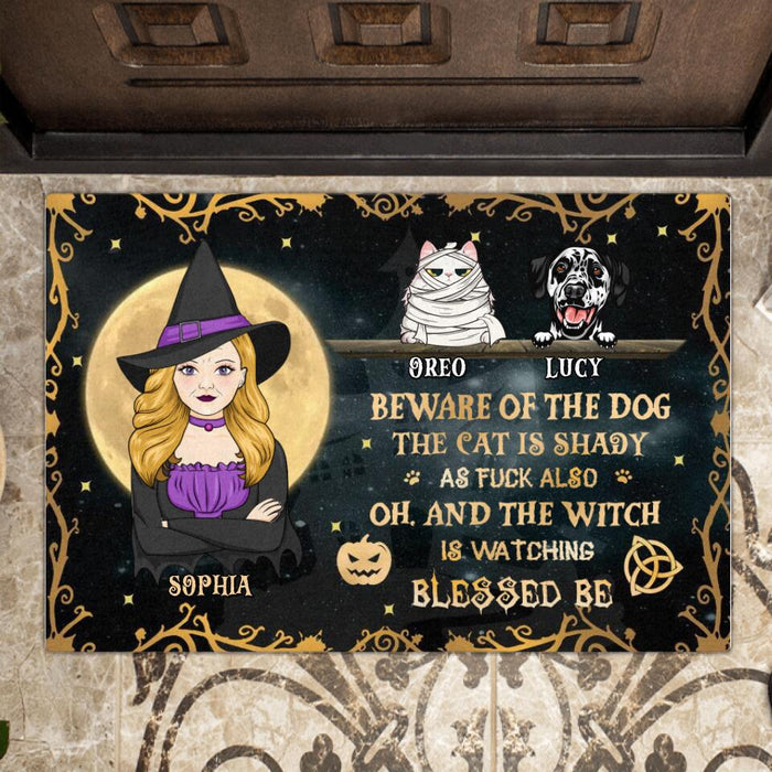 Personalized Witch Doormat - Up to 4 Pets - Halloween Gift Idea For Friends/Dog/Cat Lovers - Beware Of The Dog The Cat Is Shady As Fuck Also