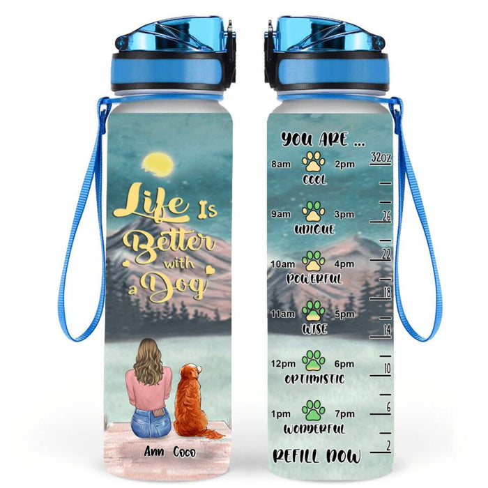 Personalized Pet Mom Water Tracker Bottle  - Up to 4 Pets - Mother's Day Gift Idea For Dog/Cat Lovers - Life Is Better With Fur Babies