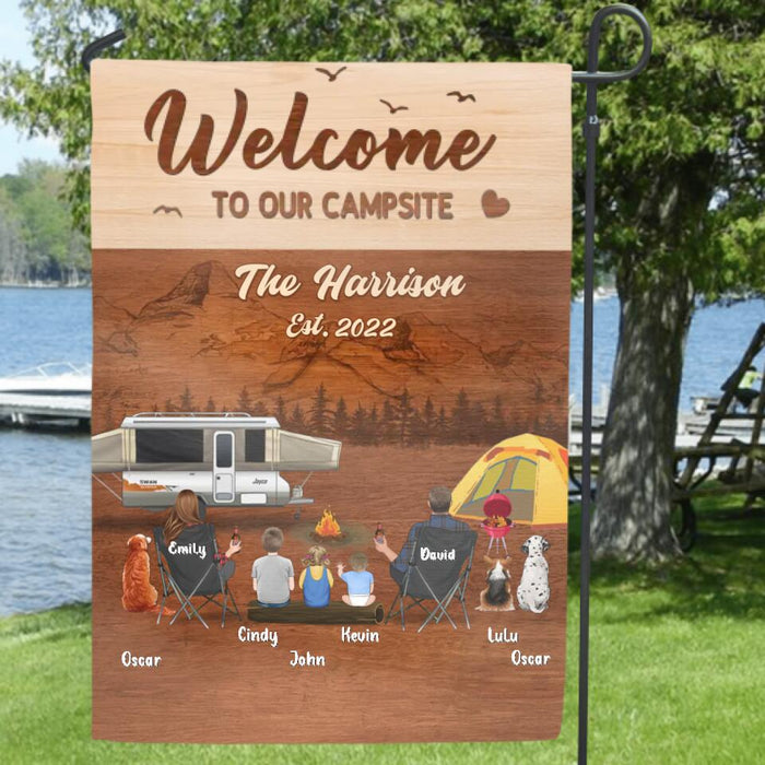 Personalized Camping Family Flag - Couple/Parents/Single Parent With Up to 3 Kids And 3 Pets - Gift Idea For Family/Camping/Dog/Cat Lovers - Welcome To Our Campsite