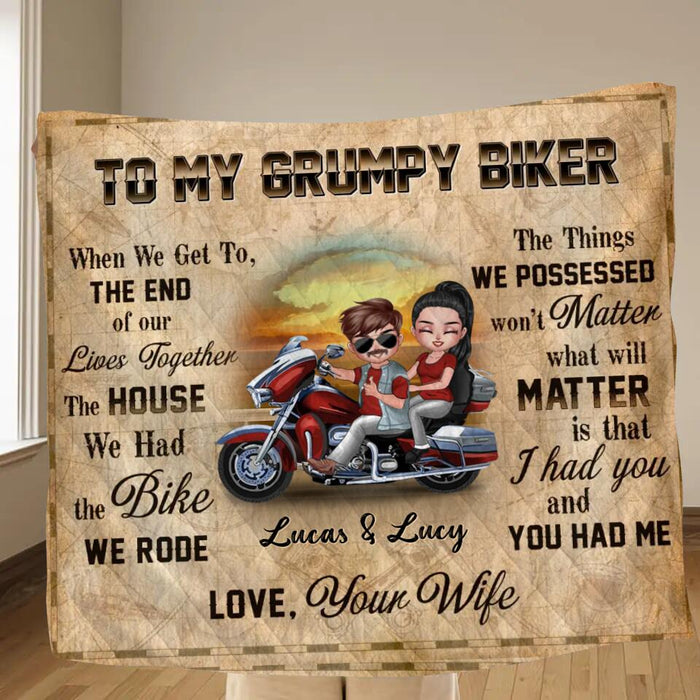 Personalized Couple Riding Pillow Cover/Fleece Throw Blanket/Quilt - Gift To Husband From Wife - To My Grumpy Biker