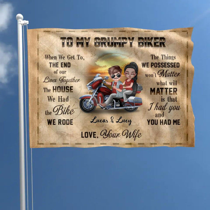 Personalized Couple Riding Flag Sign - Gift To Couple/Gift To Husband From Wife - To My Grumpy Biker