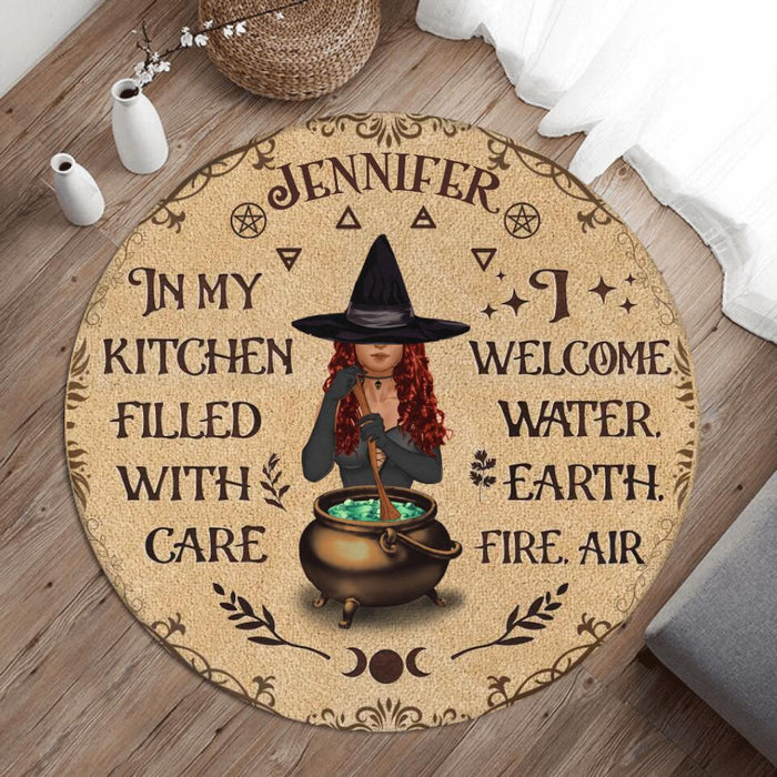 Personalized Witch Foldable Round Rug - Gift Idea For Halloween - In My Kitchen Filled With Care I Welcome Water, Earth, Fire, Air