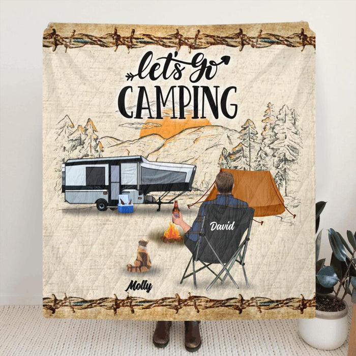 Personalized Camping Fleece Throw Blanket/Quilt - Gift Idea For Camping Lovers - Couple/Man/Woman With Up to 6 Pets - Let's Go Camping
