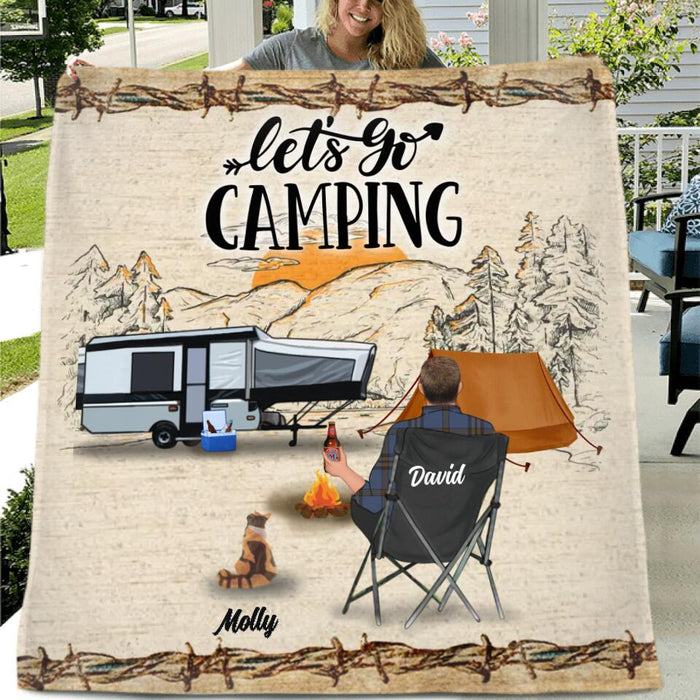 Personalized Camping Fleece Throw Blanket/Quilt - Gift Idea For Camping Lovers - Couple/Man/Woman With Up to 6 Pets - Let's Go Camping