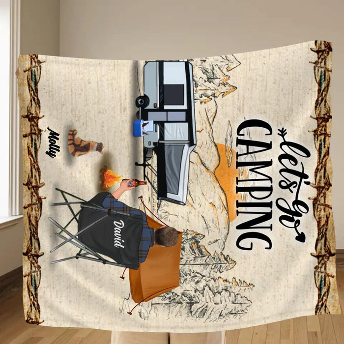 Personalized Camping Fleece Throw Blanket/Quilt - Gift Idea For Camping Lovers - Couple/Man/Woman With Up to 6 Pets - Let's Go Camping