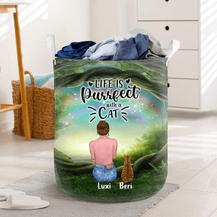 Personalized Cat Mom Laundry Basket - Gift For Cat Lovers With Up To 4 Cats - Life Is Purrfect With Cats