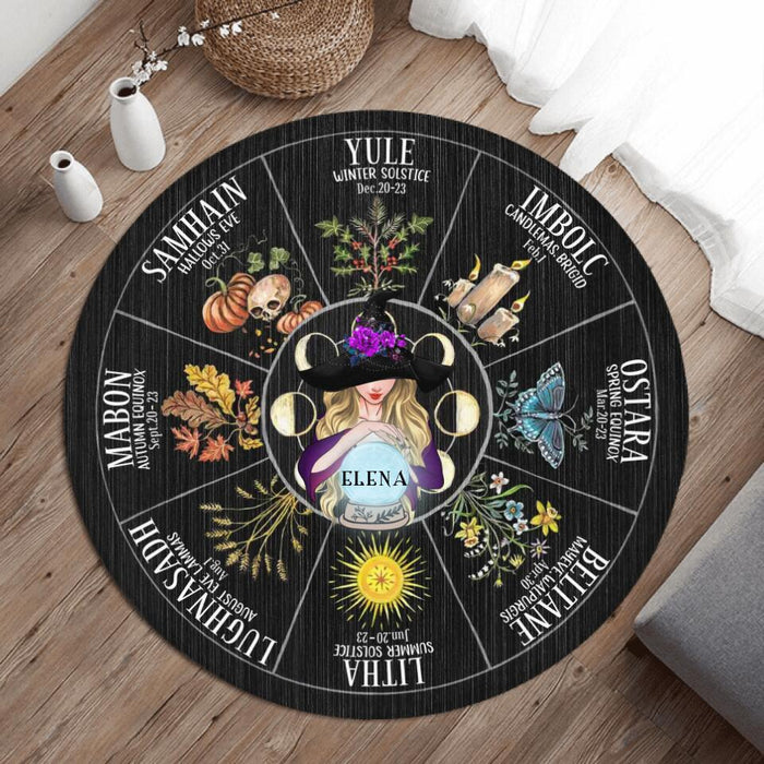 Personalized Wheel Of The Year Foldable Round Rug - Gift For Witch/Wicca/Pagan Decor